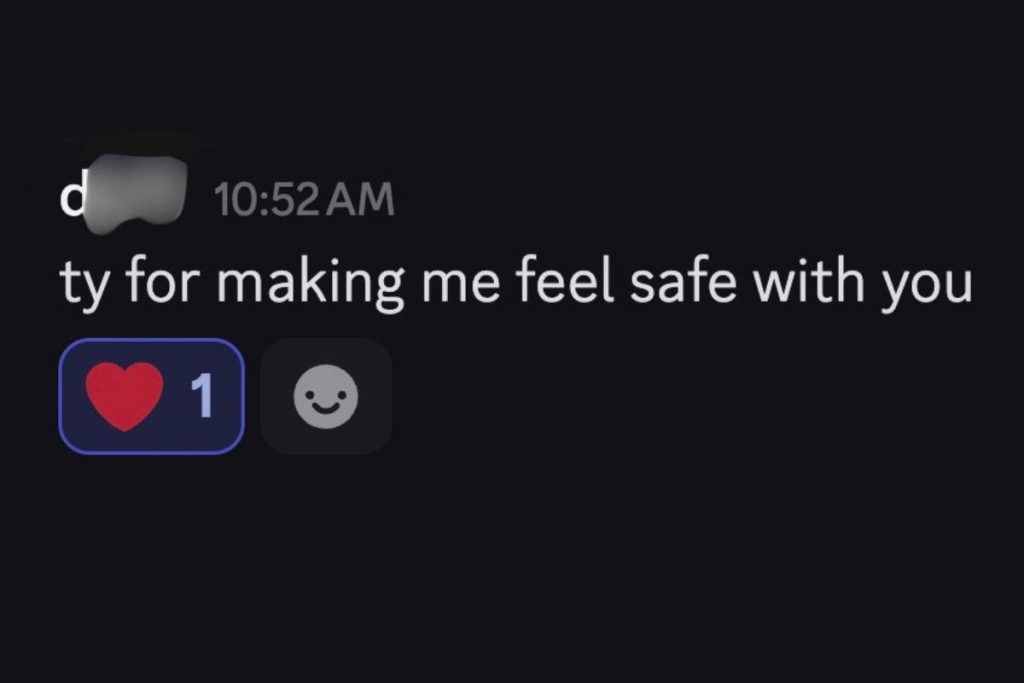 Blurred username in a client message expressing emotional safety and trust
