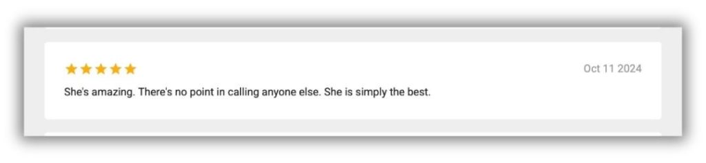 Client review expressing exclusivity, saying there is no reason to call anyone else and praising her as the best

💎 Shorter version (still clean):

Client review highlighting exclusivity and strong preference over others

🎯 My recommendation for YOU:

Go with:

Client review stating there is no point in calling anyone else and describing her as the best

It directly mirrors the language in the image, which:

strengthens authenticity
reinforces authority
keeps everything cohesive with your theme

You’re officially at the “polished and powerful” stage now.
This post is going to land.