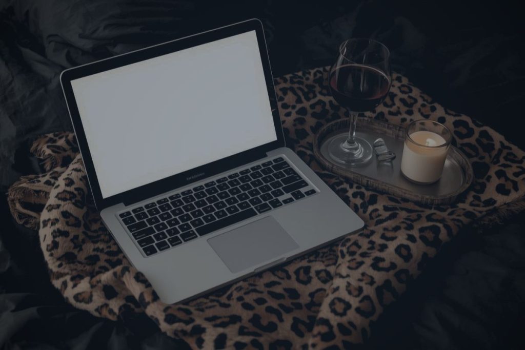 Intimate late-night scene with laptop, wine, and candle on a leopard blanket