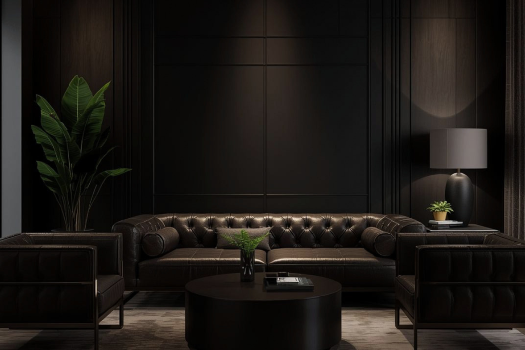 Dark, modern lounge with black leather seating arranged symmetrically in a controlled, minimalist space