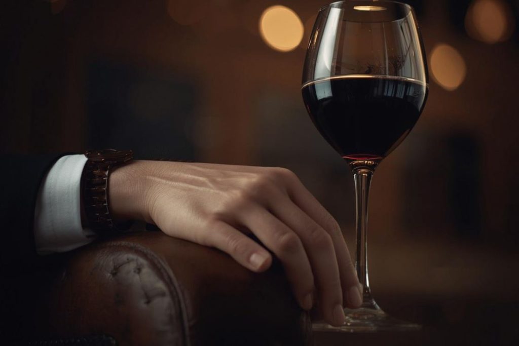 Man’s hand resting on a leather chair beside a glass of red wine in a dimly lit, intimate setting