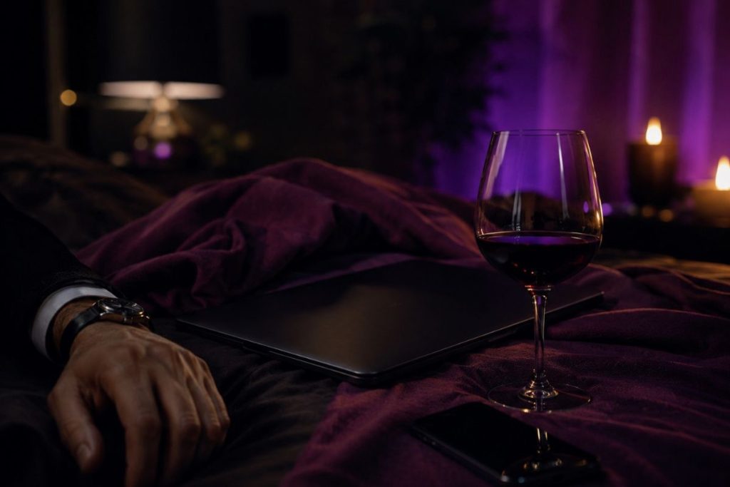 A dimly lit intimate room with a closed laptop, red wine, candles, and a man’s hand resting nearby after an online session.