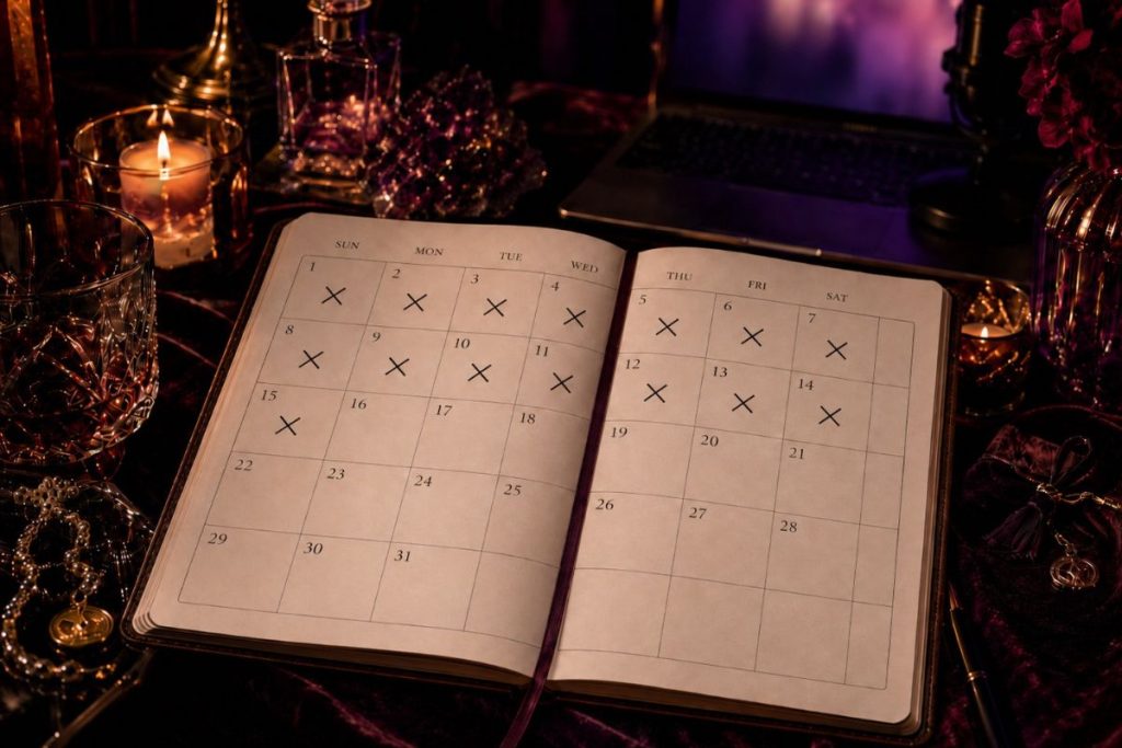 Open planner with fifteen days crossed off on a candlelit velvet desk, representing fifteen days of devotion.