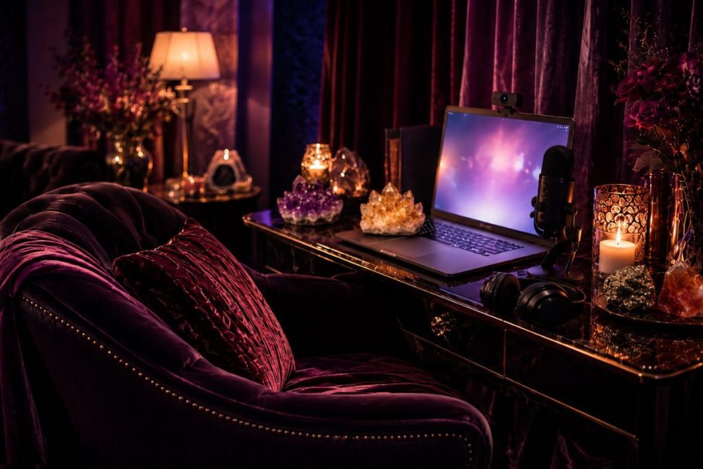Luxurious feminine workspace at night with a velvet chair, glowing laptop, microphone, candles, and crystals in plum and amber light.
