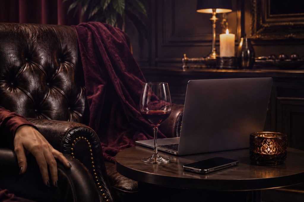 A dimly lit leather chair beside a table with red wine, a face-down phone, a laptop, burgundy fabric, and candlelight, suggesting quiet aftermath and a space being held.