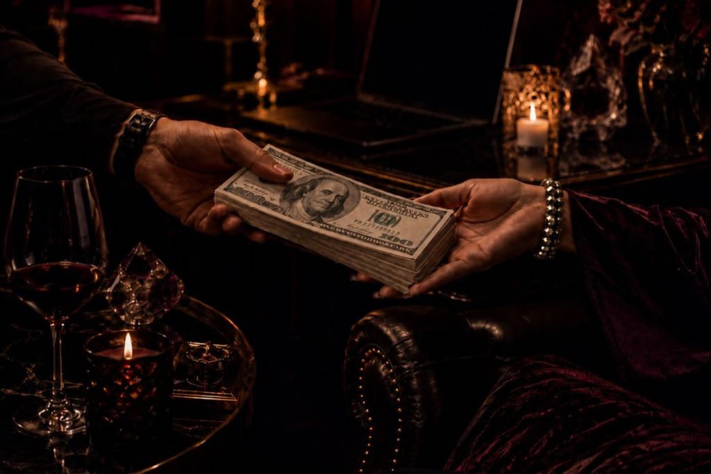 Hands exchanging a stack of U.S. cash in a candlelit luxury setting, symbolizing FinDom, devotion, and receiving.