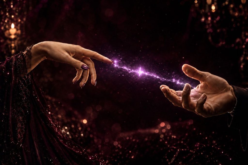 A feminine hand and a masculine hand reach toward each other, connected by a glowing lavender thread with a heartbeat pulse.