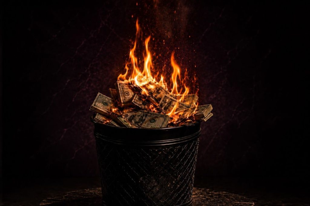 Stacks of money burning in a black wastebasket against a dark plum background.