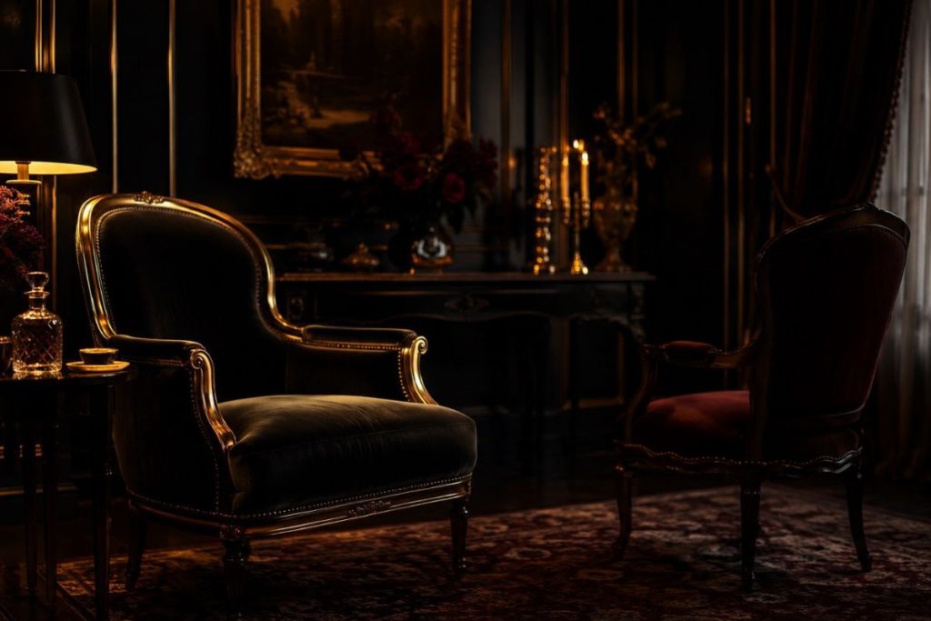 Two elegant armchairs in a dark, luxurious room, with one chair more prominent and the other partly in shadow.