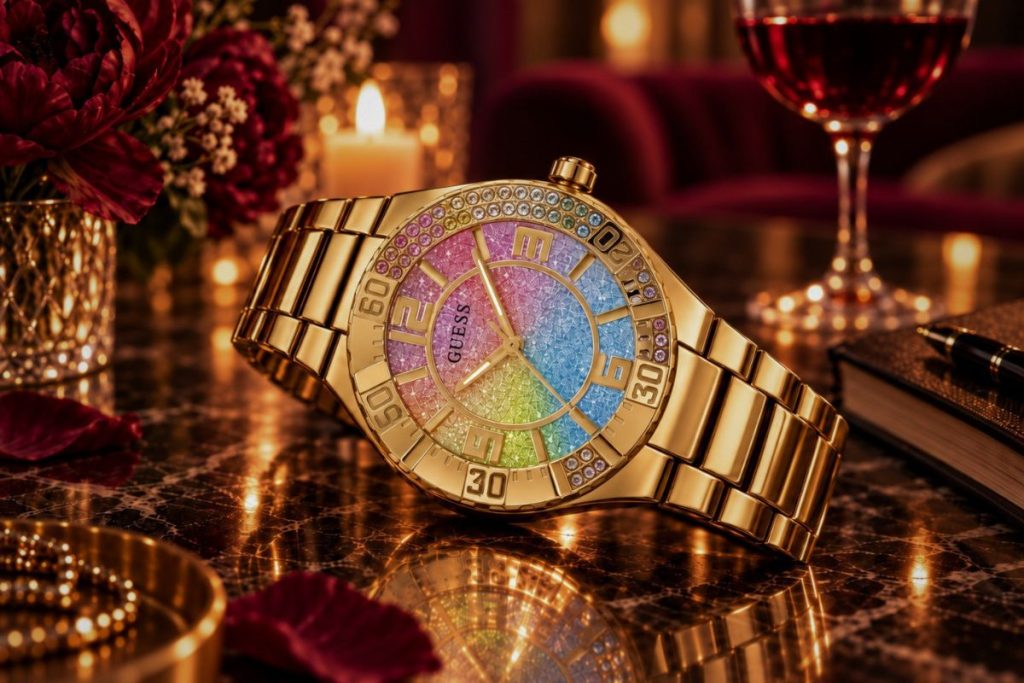 Gold Guess wristwatch with a rainbow dial on a dark marble table beside red wine, candlelight, and deep burgundy flowers.