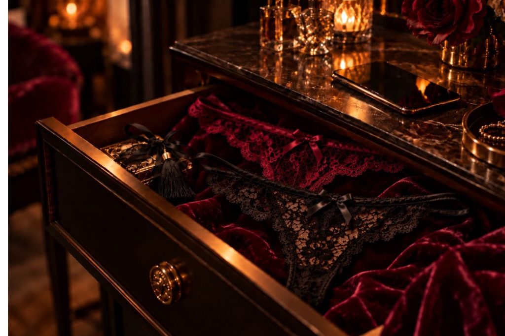 Open vanity drawer lined with burgundy velvet, holding black and red lace thongs beside a glowing phone in warm candlelight