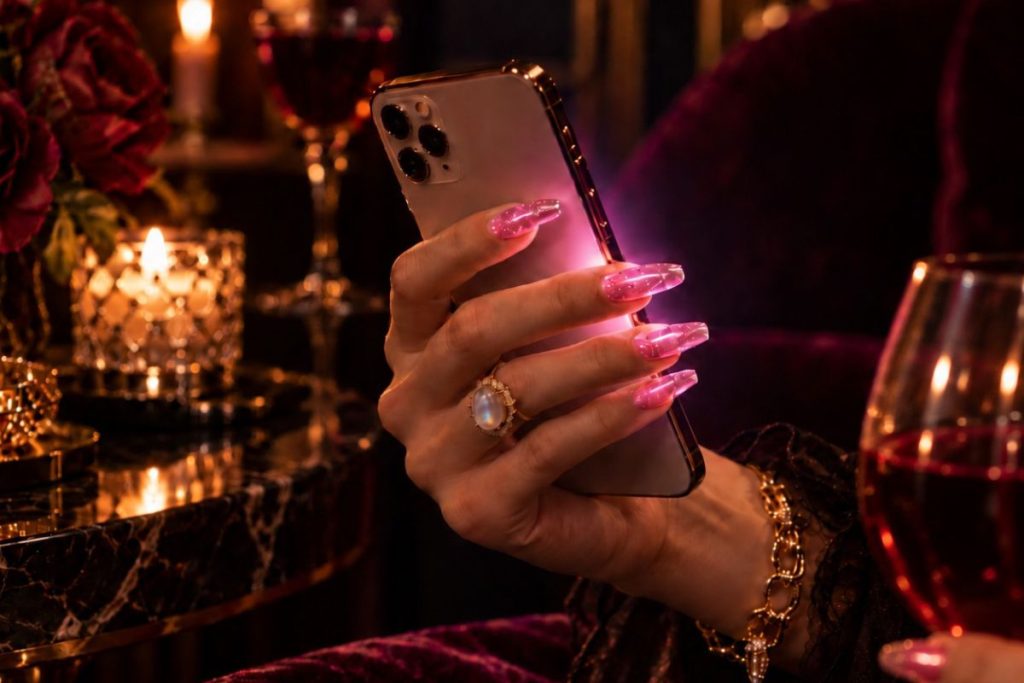 The Anatomy of Surrender: What a Prostate Orgasm Actually Undoes Woman holding a glowing smartphone and a glass of red wine in a dark, luxurious setting
