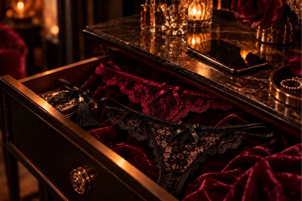 Sometimes I Have to Change My Panties... Open vanity drawer lined with burgundy velvet, holding black and red lace thongs beside a glowing phone in warm candlelight